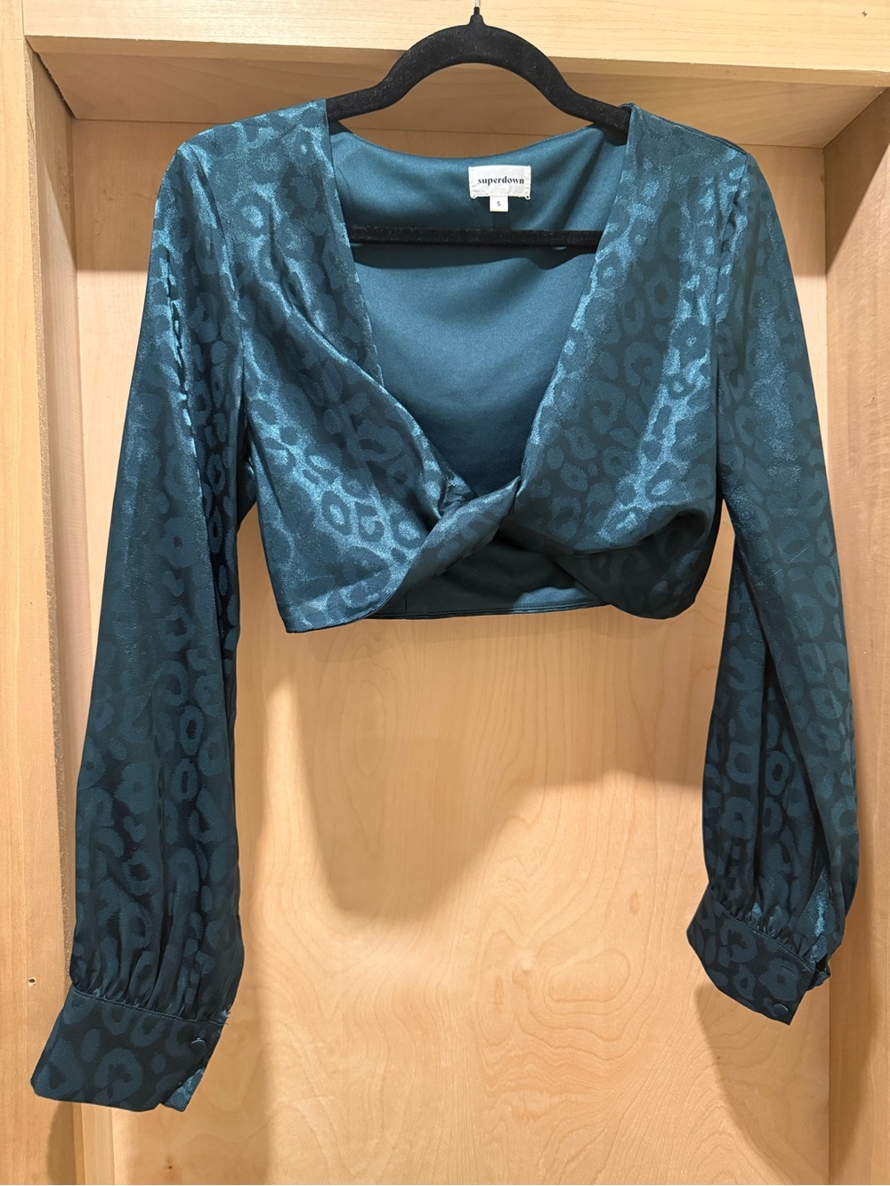 superdown Audrina Twist Top Teal Satin Twist-Front Long Sleeve Crop Top